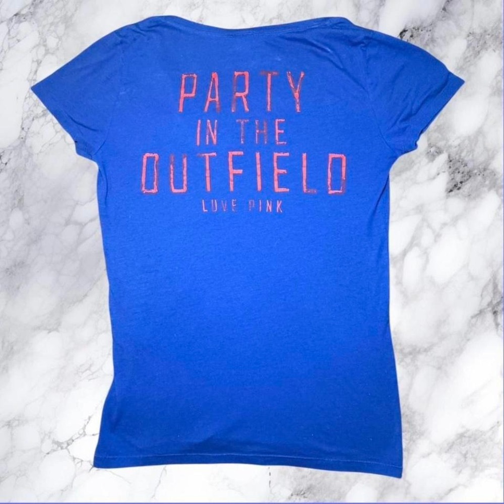 Rare Victoria's Secret PINK Blue Party in the Outfield V Neck Tee Size Small